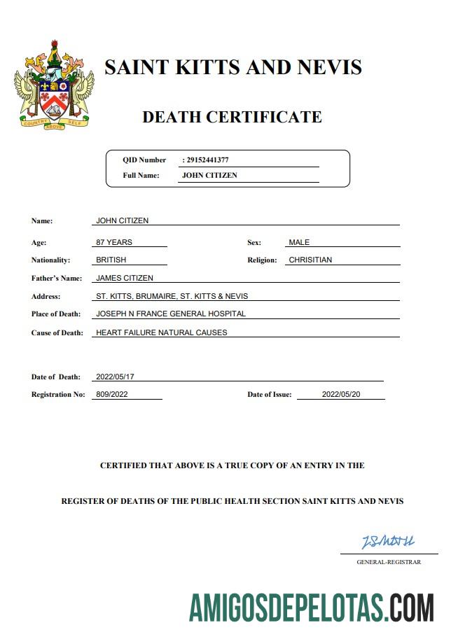 Imprimível modelo Word e PDF de certidão de óbito de registro vital de São Cristóvão e Nevis